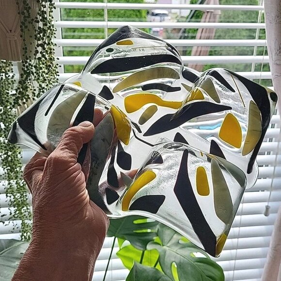 Art Glass Divided Section Dish Tray Abstract Clear Yellow Black - Picture 4 of 8